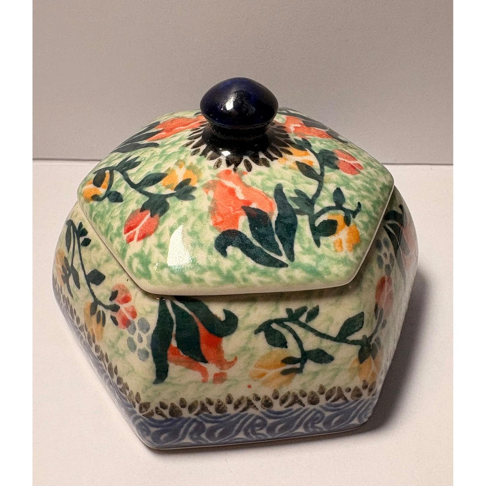 Handmade Polish Pottery Lidded Trinket Box Floral Ceramic Hexagon Jar Decor